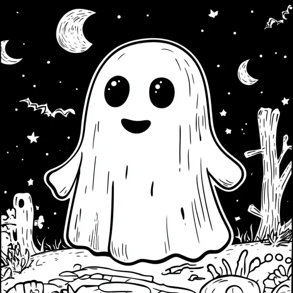 Cute cartoon ghost, halloween theme — free printable coloring page