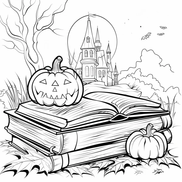 Jack-o'-lantern and small pumpkin on stacked books, fairy-tale castle in the background with full moon — free printable books coloring book page
