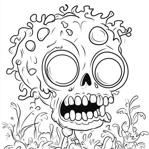 Cartoon zombie skull with big round eyes, cartoon horror style — free printable zombies coloring book page