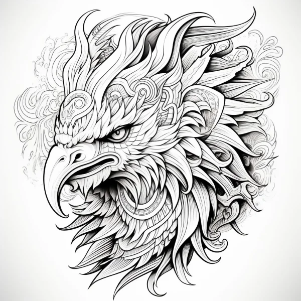 Totem style eagle head, intricate decorative tribal and geometric patterns — free printable coloring page