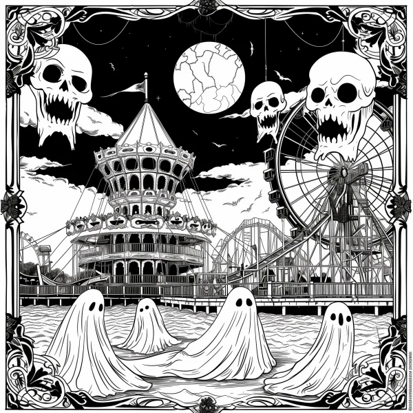 Horror halloween amusement park surrounded by ghosts and skulls, gothic decorative border — free printable theme park coloring book page