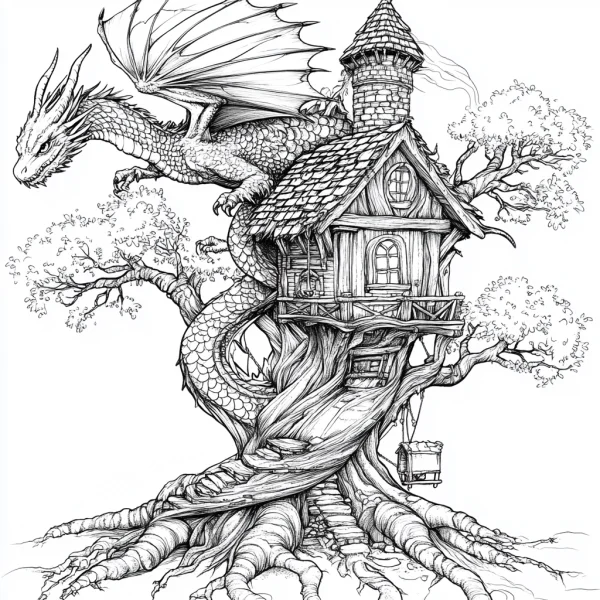 Dragon coiled around a whimsical treehouse, fantasy sketch style — free printable scenes coloring book page