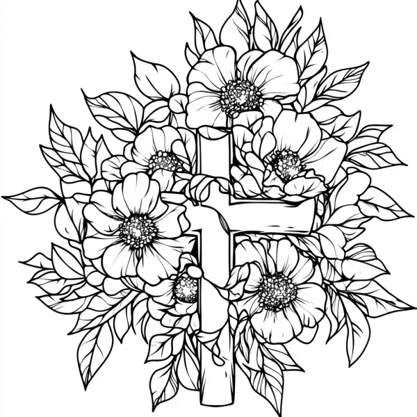 Cross surrounded by blooming flowers and leaves, fine clean flowing organic outlines — free printable christianity coloring book page
