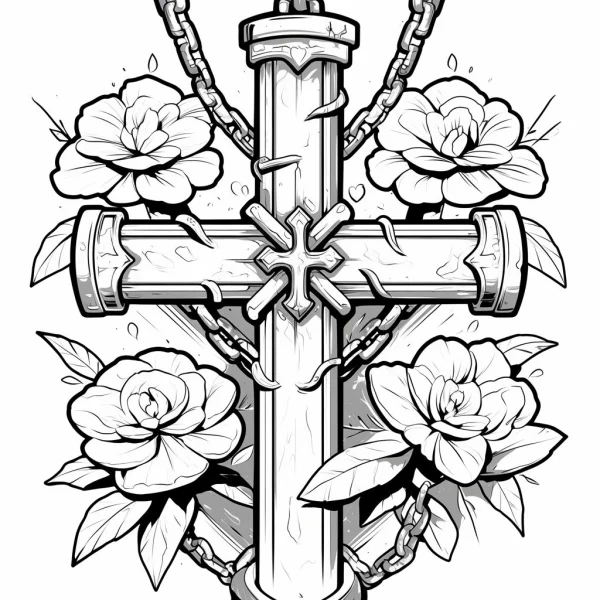 Gothic cross with roses and metal chains, gothic style — free printable religious elements coloring book page