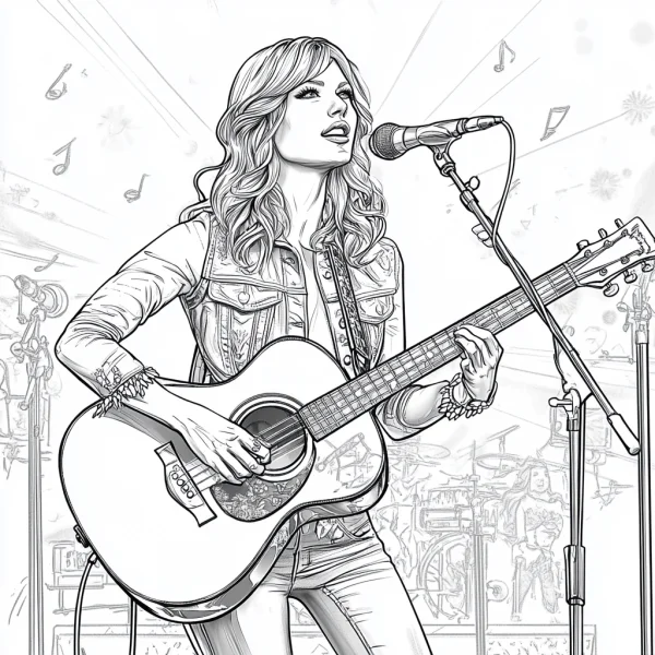 Female singer playing acoustic guitar on stage, realistic illustration style — free printable performance coloring book page