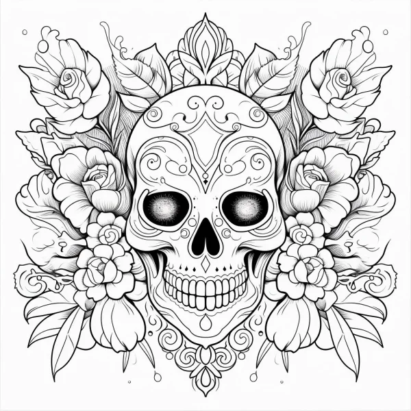 Day of the dead sugar skull surrounded by roses and various flowers, decorative art style — free printable folk culture coloring book page