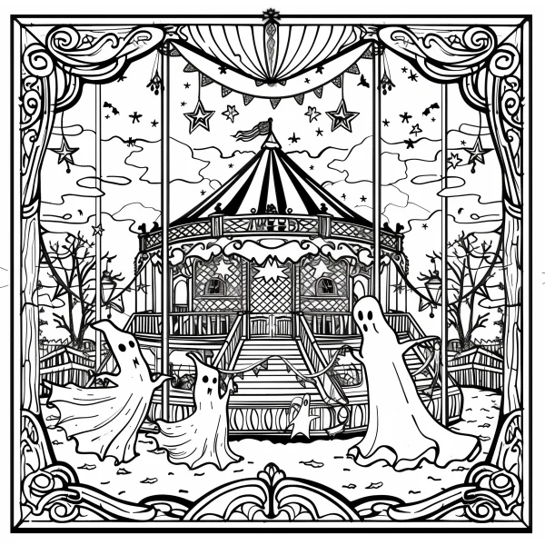 Cute halloween ghosts with carousel, cartoon style — free printable theme park coloring book page
