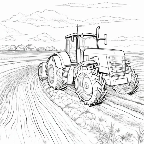 Agricultural tractor on plowed farm field, realistic illustration style — free printable agriculture coloring book page