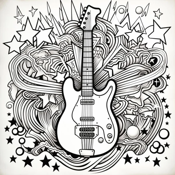 Doodle-style electric guitar, surrounded by intricate swirls — free printable graffiti art coloring book page