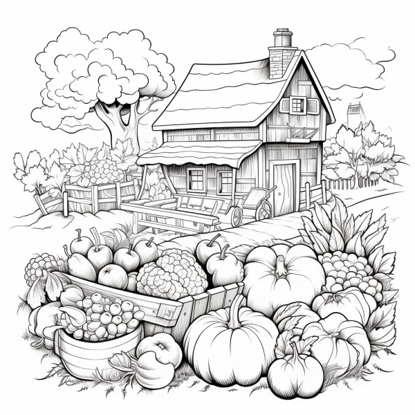 Harvest farm scene with wooden cottage and various fruits and vegetables including pumpkins, apples — free coloring book page
