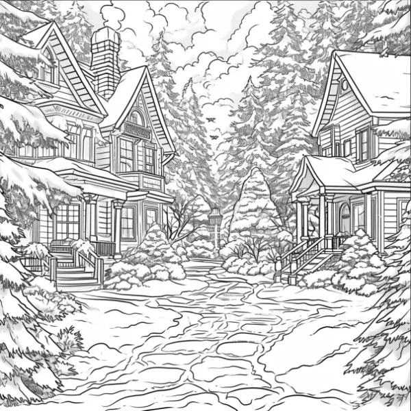 Winter small town residential houses, realistic line art style — free printable living scene coloring book page