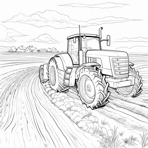 Tractor on farmland, realistic style — free printable agriculture coloring book page