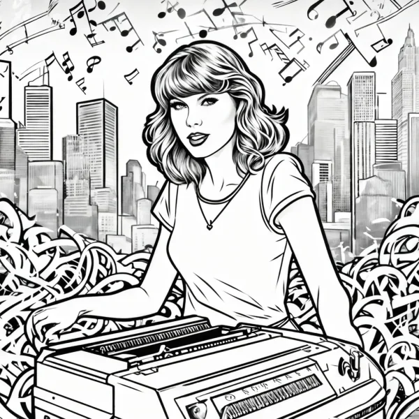Curly-haired woman with vintage typewriter, urban city skyline background — free printable writing coloring book page