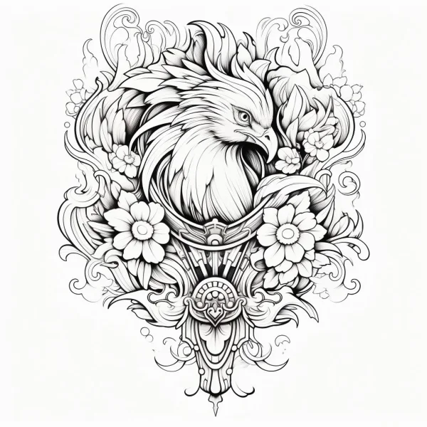 Eagle head surrounded by flowers and decorative patterns, art deco and realistic style — free coloring book page
