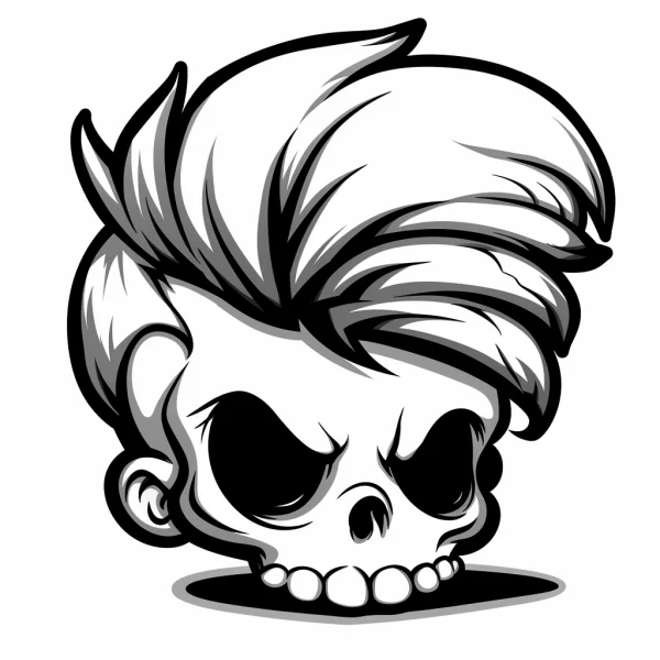 Punk-style skull with mohawk haircut, cartoon art style — free printable punk coloring book page