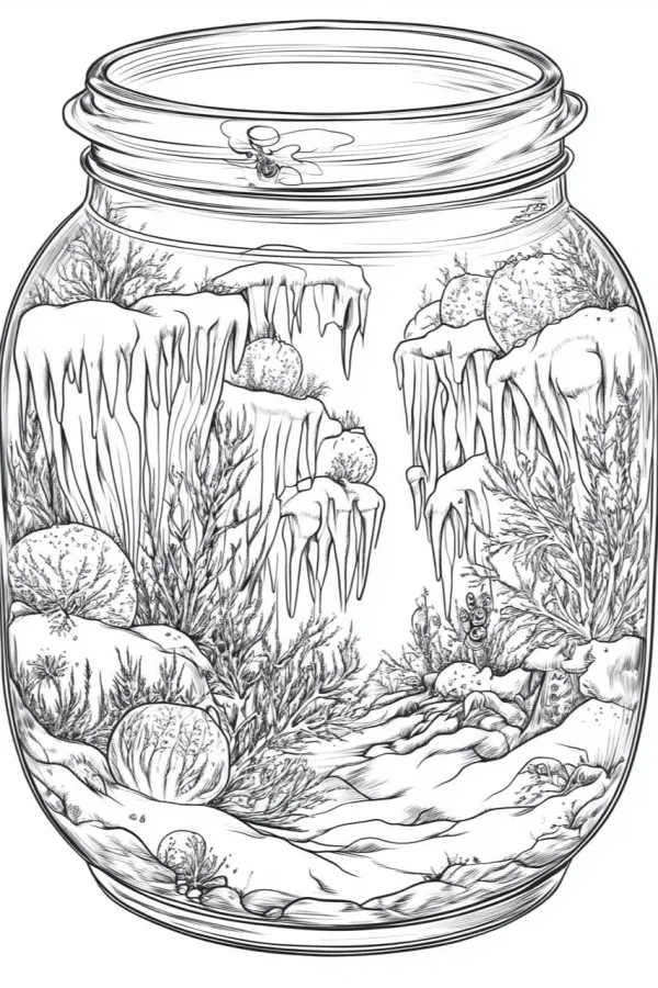 Winter micro landscape in a glass jar, sketch style — free printable miniature landscape coloring book page