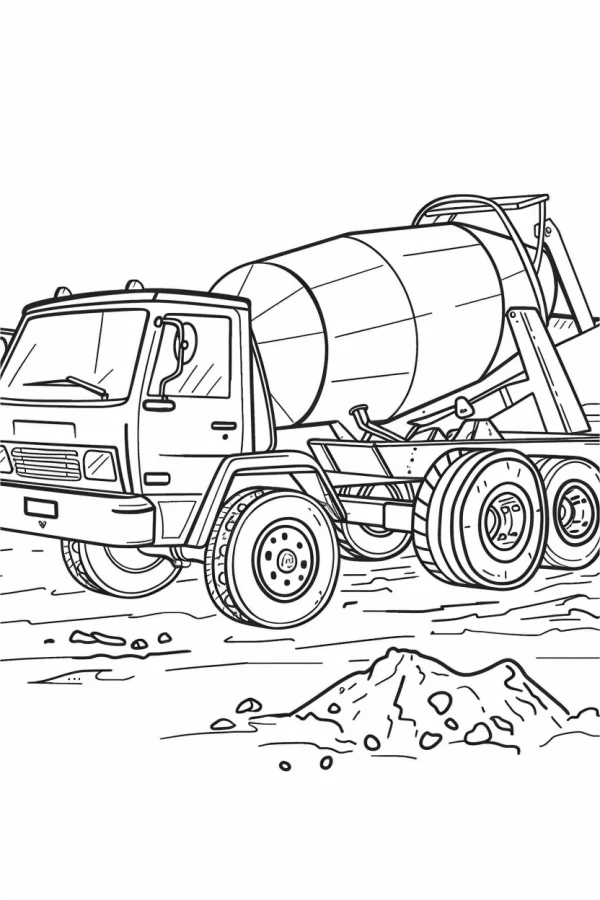 Concrete mixer truck, cartoon style — free printable construction coloring book page