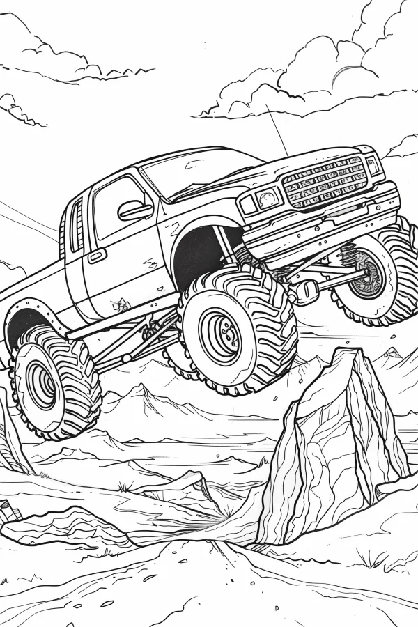Off-road monster truck, realistic line art — free printable outdoor adventure coloring book page