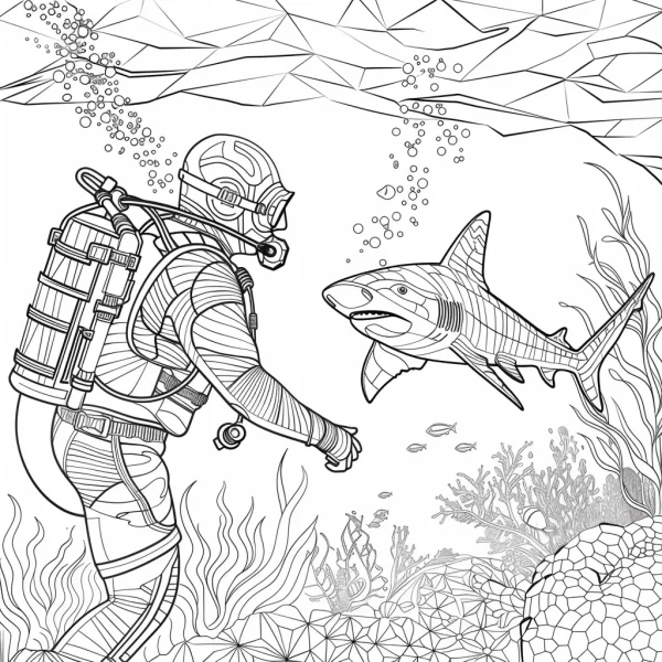 Scuba diver and shark in underwater scene, realistic line art style — free printable diving coloring book page