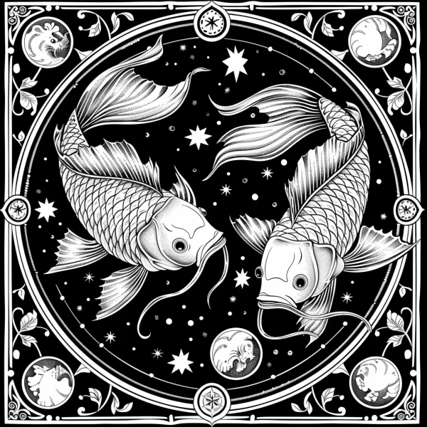 Symmetric pisces koi fish, art nouveau style — free printable constellations coloring book page