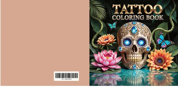 Cover of tattoo coloring book, day of the dead sugar skull with gemstone decorations — free printable tattoo coloring book page