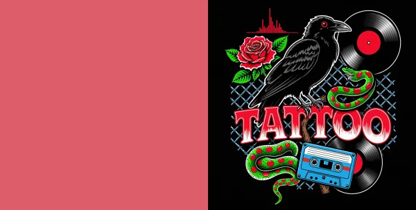 Cover design for tattoo-themed coloring book, black crow perched on bold red 'tattoo' text — free printable tattoo coloring book page