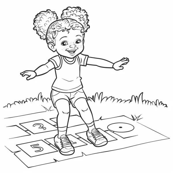 Curly-haired little girl playing hopscotch, cartoon style — free printable children's play coloring book page