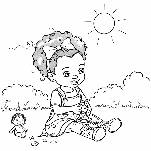 Curly-haired little girl playing with dolls outdoors, cartoon style — free printable toys coloring book page
