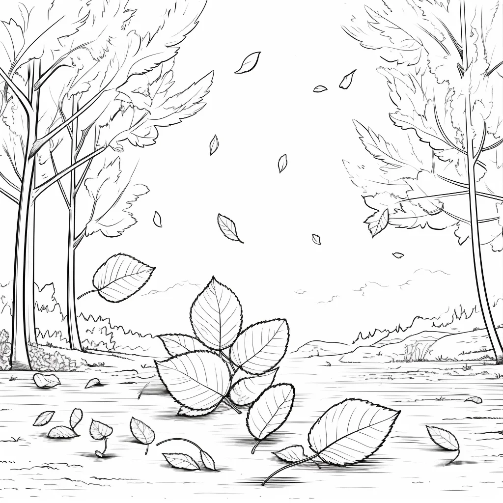 Forest scene with falling leaves, realistic sketch style | HiColorist