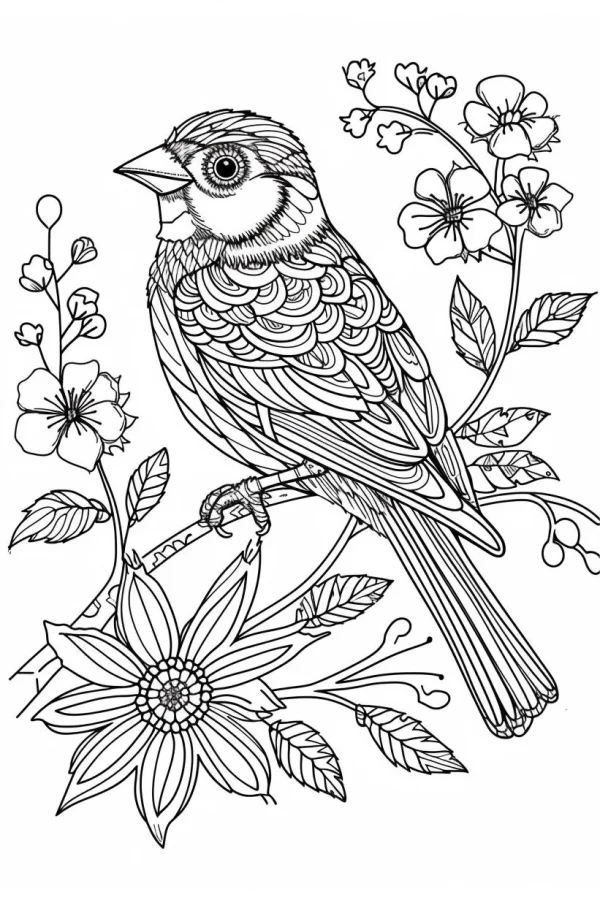 Bird perched on flower branch, line art style — free printable coloring page