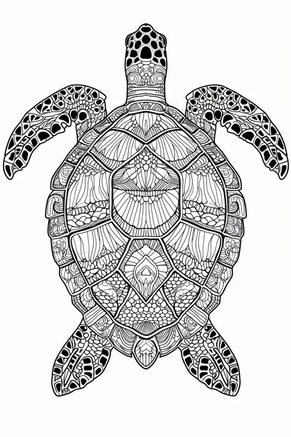 Coloring book page, mandala-style sea turtle — free printable zen doodle coloring book page