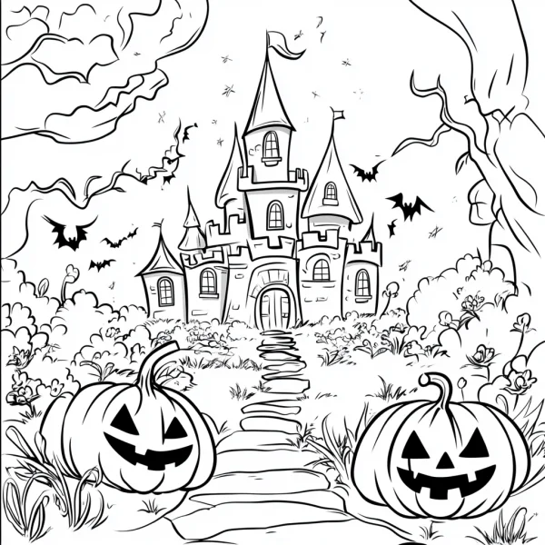 Halloween castle with jack-o'-lanterns, cartoon style — free printable coloring page