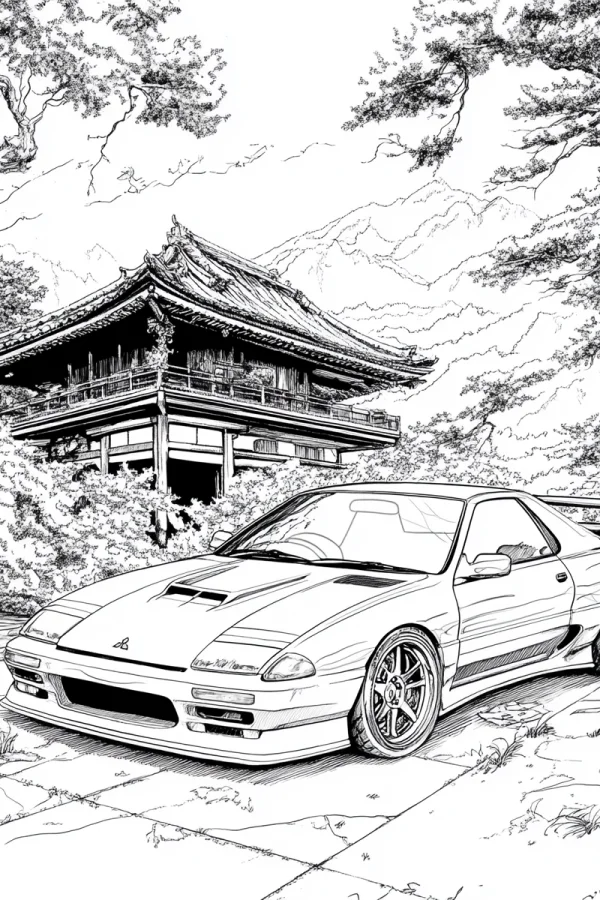 Mitsubishi 3000gt sports car, realistic line art — free printable object theme coloring book page