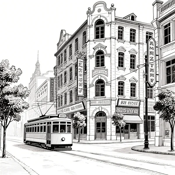 Vintage city street scene with a tram, retro realistic style — free printable old buildings coloring book page