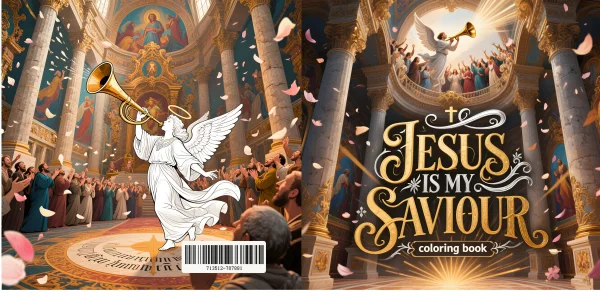 Coloring book display, one side is  of angel playing trumpet in grand church with worshippers — free printable christianity coloring book page