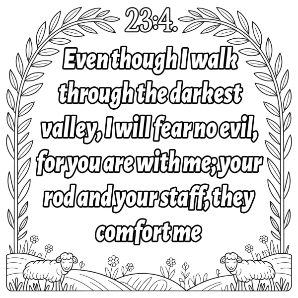 Coloring book page, bible verse 23:4 with pastoral sheep scene — free printable warmth coloring book page