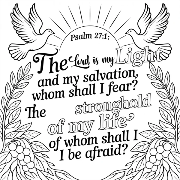 Religious psalm 27:1 verse with two doves and olive branch wreath, decorative art style — free printable inner peace coloring book page