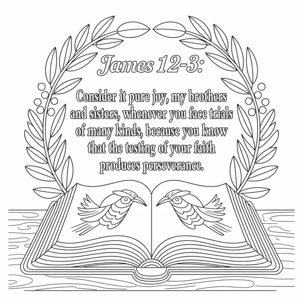 Open scripture book decorated with birds, surrounded by laurel wreath — free printable books coloring book page