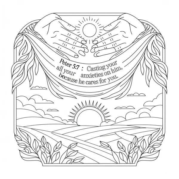 Hands holding sun over sunrise field landscape, art nouveau style — free printable healing coloring book page
