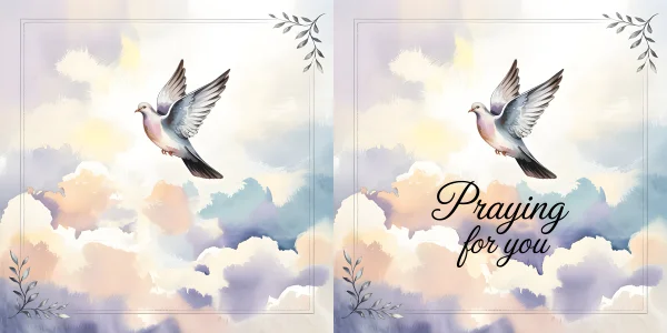 Praying peace dove flying above clouds, watercolor style — free printable spiritual comfort coloring book page