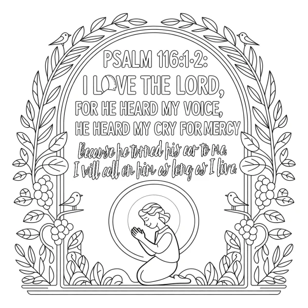 Praying believer with halo, religious illustration style — free printable healing coloring book page