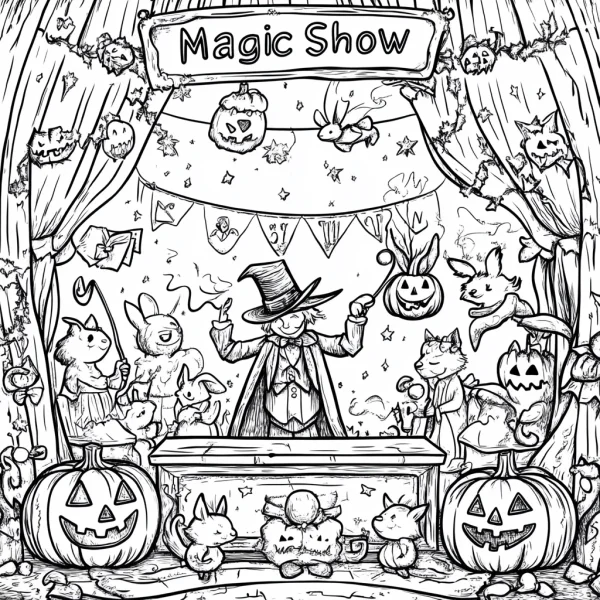 Magic show stage with wizard and animal friends (rabbits, cats — free printable performance coloring book page
