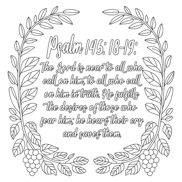 Bible psalm 145:18-19 text surrounded by laurel wreath with grape clusters, vintage line art — free printable plant decor coloring book page