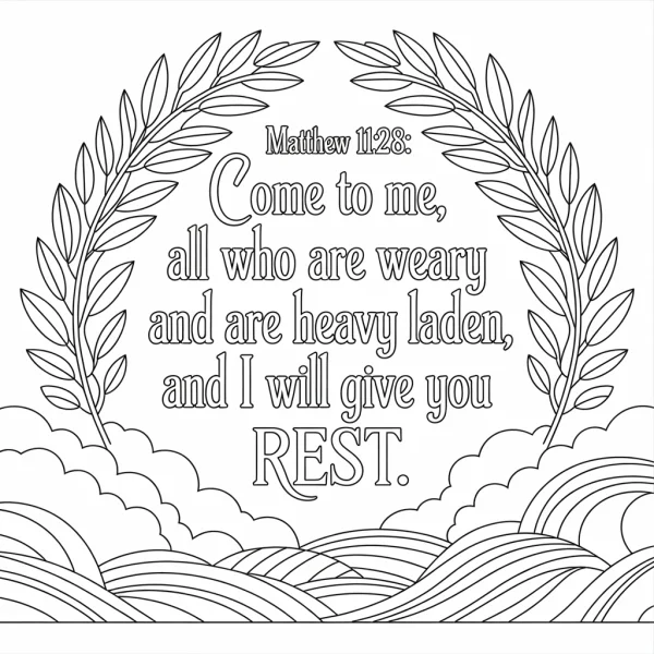 Religious scripture with olive wreath border, hand-drawn line art style — free printable healing coloring book page