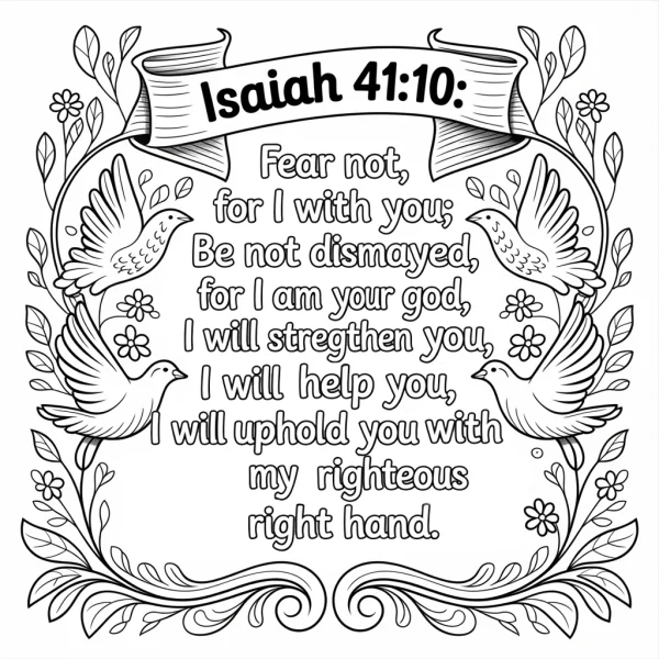 Decorative wreath with doves and biblical verse isaiah 41:10, decorative art style — free printable coloring page