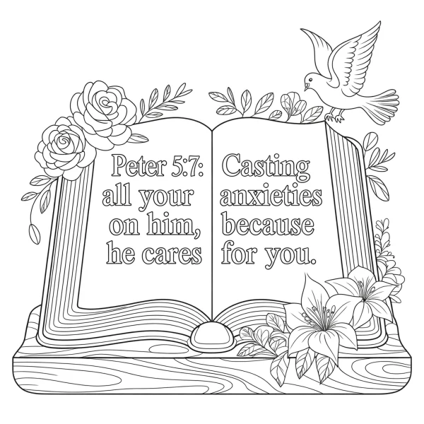 Open bible adorned with roses, lilies and a dove — free printable coloring page