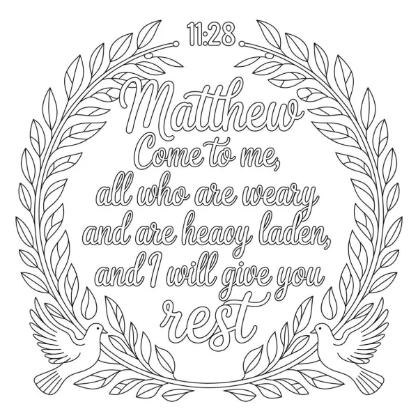 Olive branch wreath with doves and matthew 11:28 scripture, decorative art style — free printable spiritual healing coloring book page