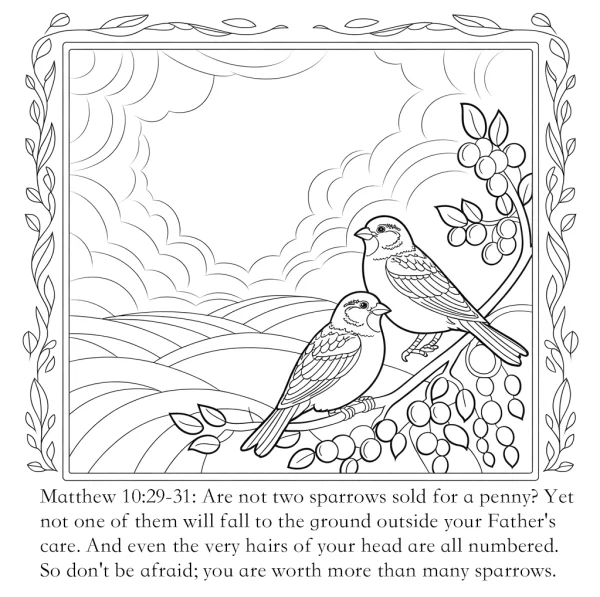 Two sparrows perched on a berry branch with rural field and cloud background, realistic line art — free printable coloring page