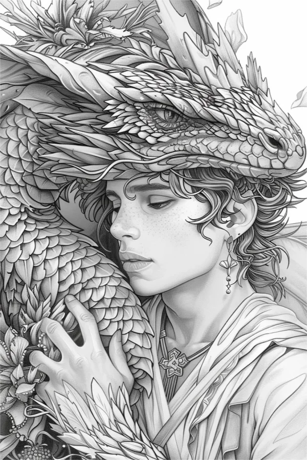 Coloring book page, boy intertwined with an intricate detailed dragon — free printable character theme coloring book page