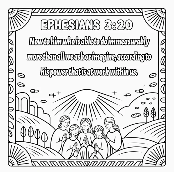Praying people with biblical verse ephesians 3:20, simple illustration style — free printable prayer coloring book page
